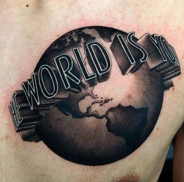 Bold Chest Globe Statement Tattoo Design