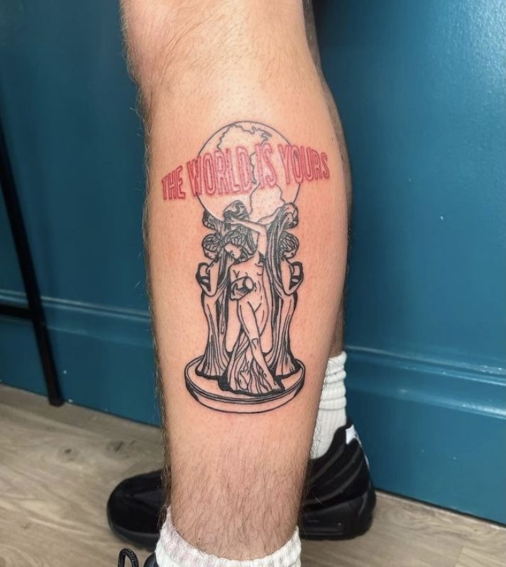 Minimalist Red and Linework Globe Tattoo Design