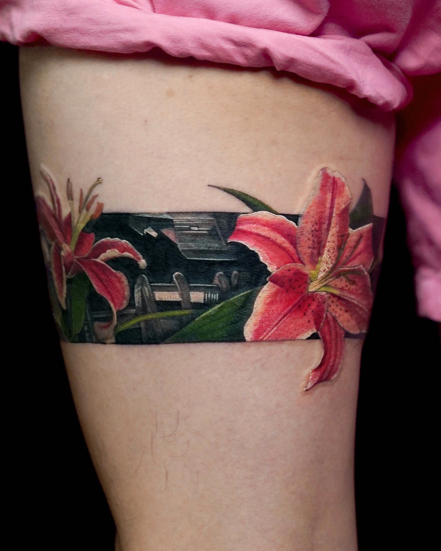 Lily and Film Reel Thigh Band Tattoo Tattoo Design