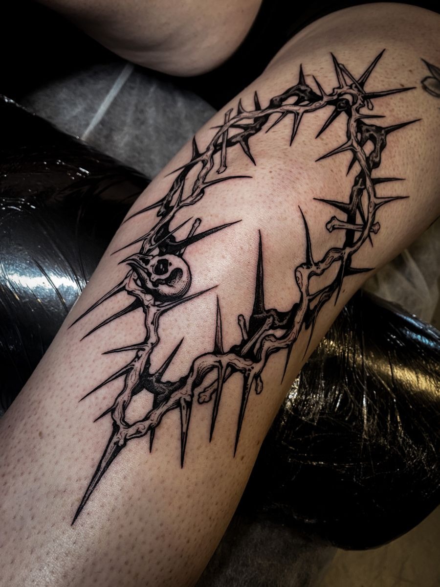 Crown of Thorns Leg Piece With Dark Symbolic Power, a tattoo design rendered in clean detailed linework.