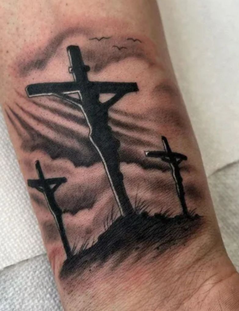 Calvary Three Cross Tattoo With Clouds Tattoo Design