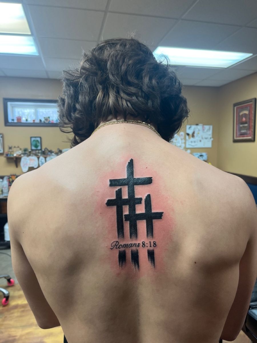 Centered Upper Back Three-Cross Tattoo Tattoo Design