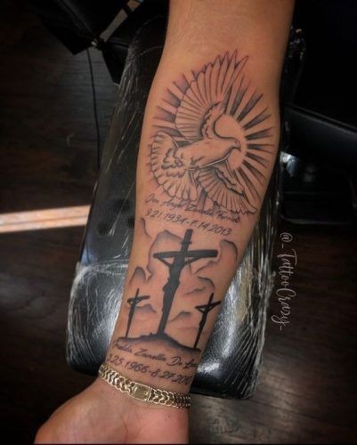 Dove and Three Cross Memorial Forearm Tattoo Tattoo Design