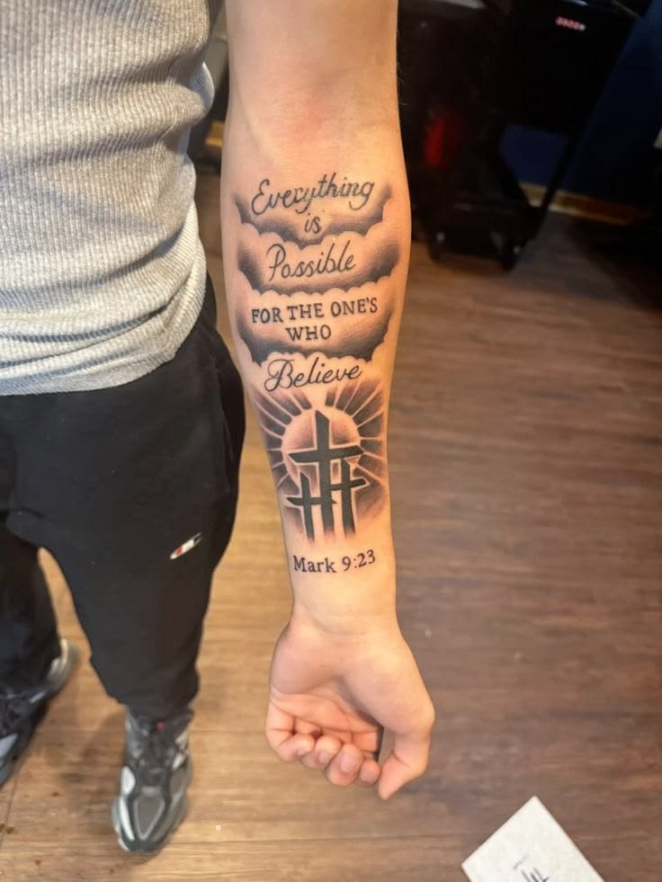 Scripture, Clouds, and Three-Cross Forearm Tattoo Tattoo Design