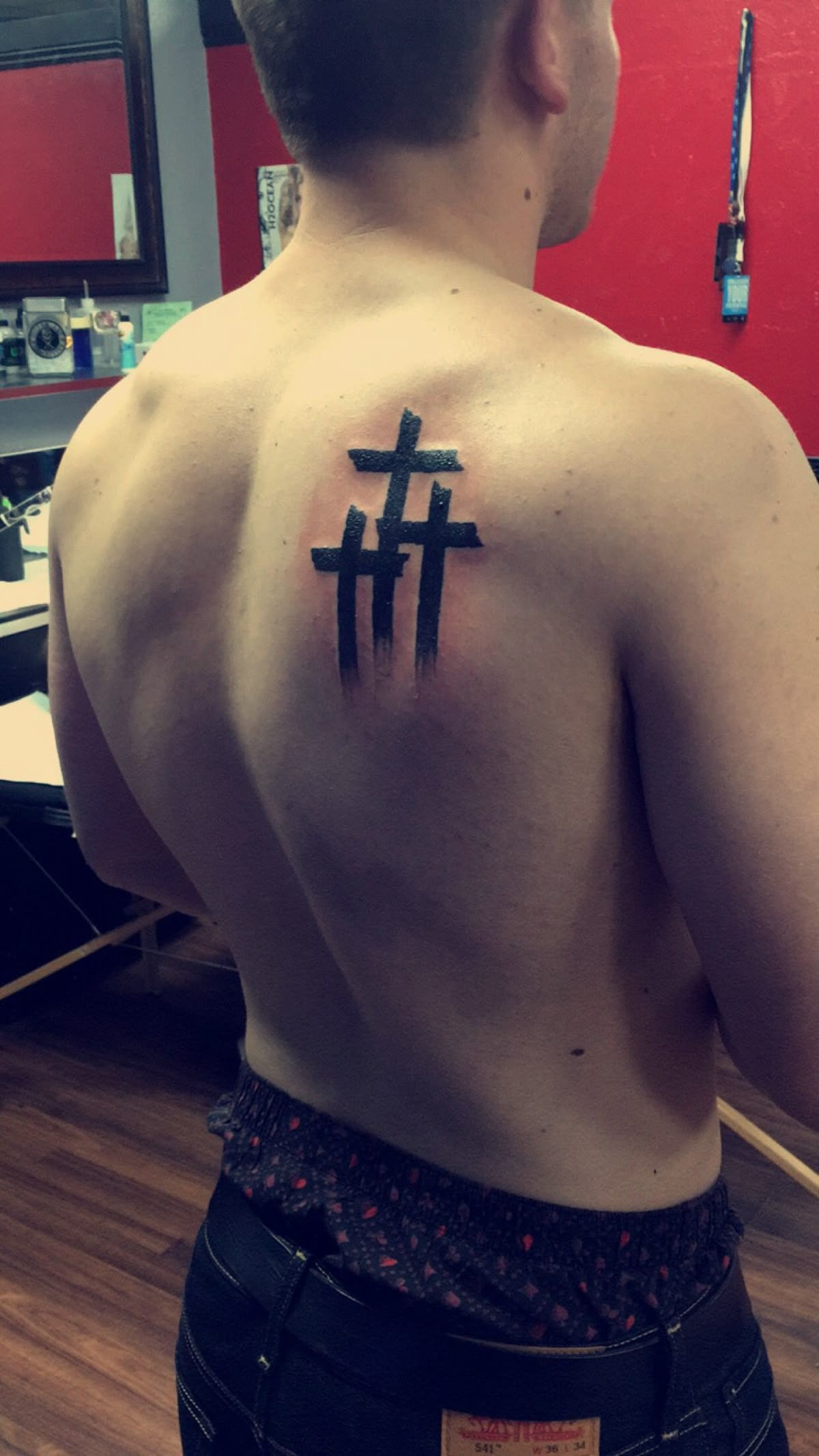Simple Upper Back Three-Cross Tattoo Tattoo Design
