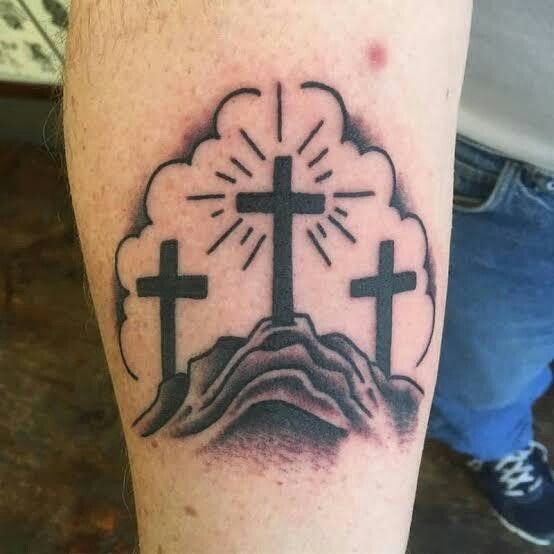 Three-Cross Tattoo With Mountain and Halo Tattoo Design