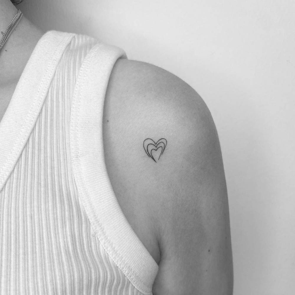 Fine Line Double Heart Tattoo on the Shoulder Tattoo Design