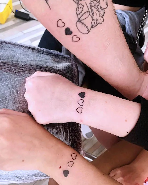Three Matching Hearts Tattoo for Siblings or Close Friends Tattoo Design