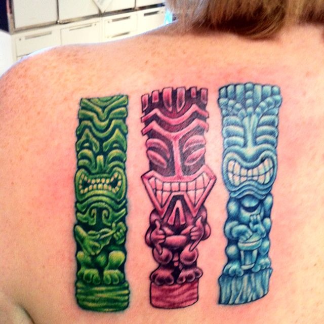 Colorful Big-Mouthed Tiki Statues Tattoo Design