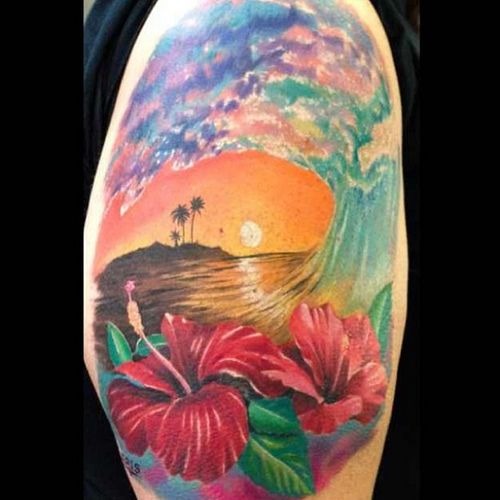 Colorful Waves Over the Sunset Tattoo Design