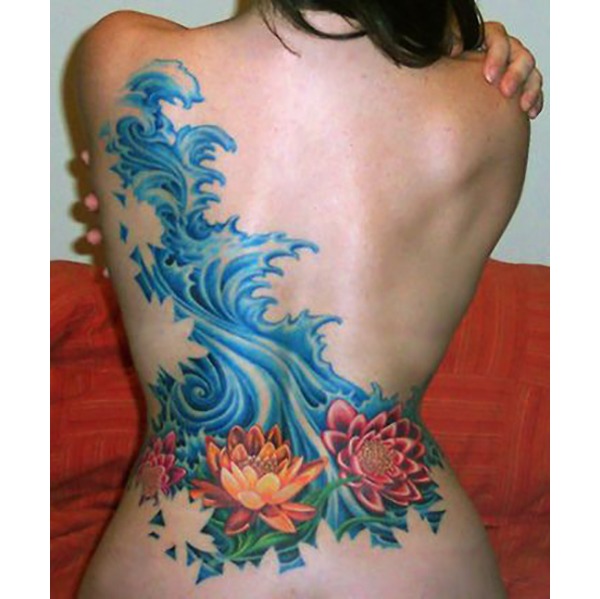 Crashing Waves and Lotus Flowers Tattoo Design