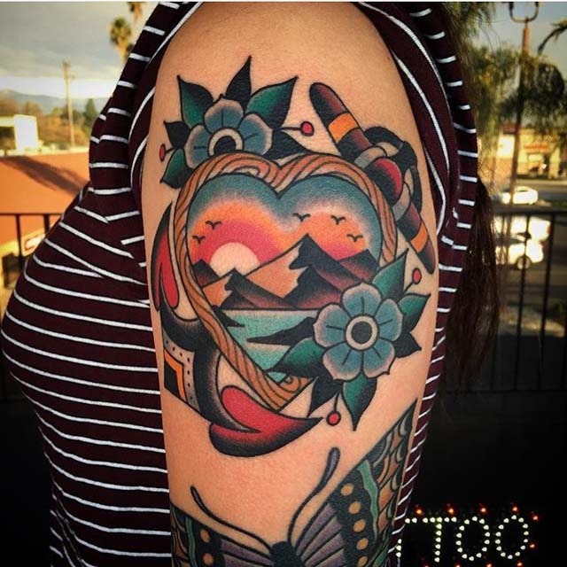 Framed Mountain Sunset with Flowers Tattoo Design
