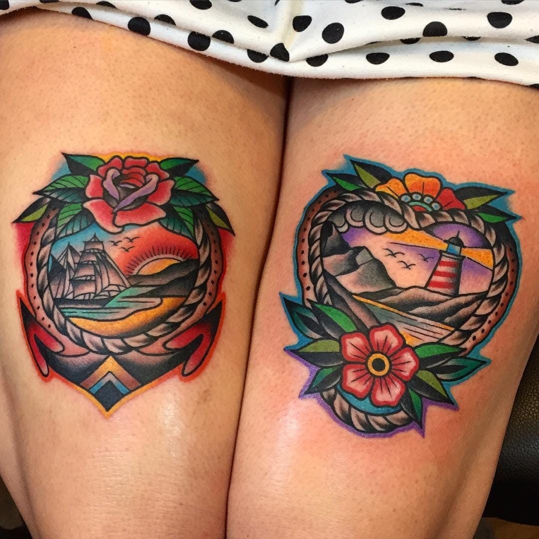 Island Snapshots of Day and Night Tattoo Design