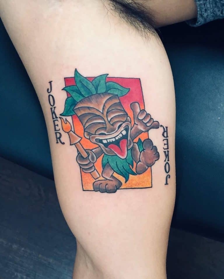 Jovial Joker Tiki Man in Color Tiki Tattoo Tattoo Design