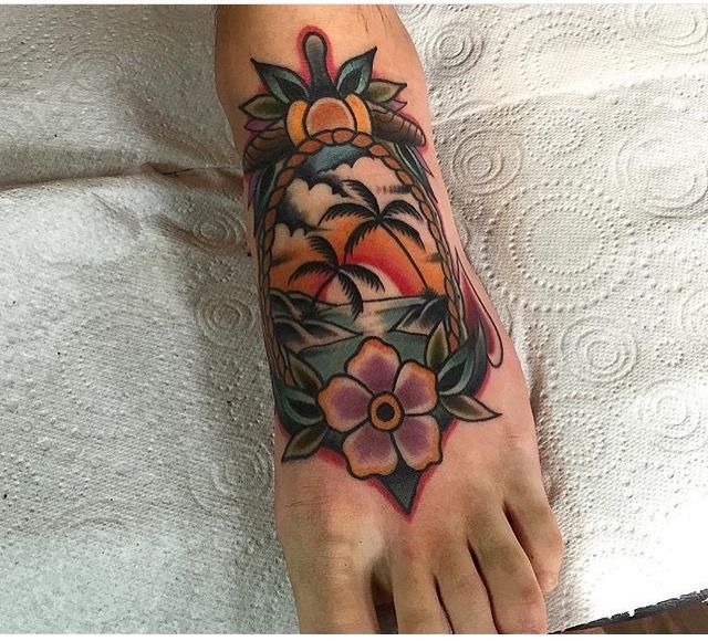 Modern Polynesian Sunset on Foot Tattoo Design