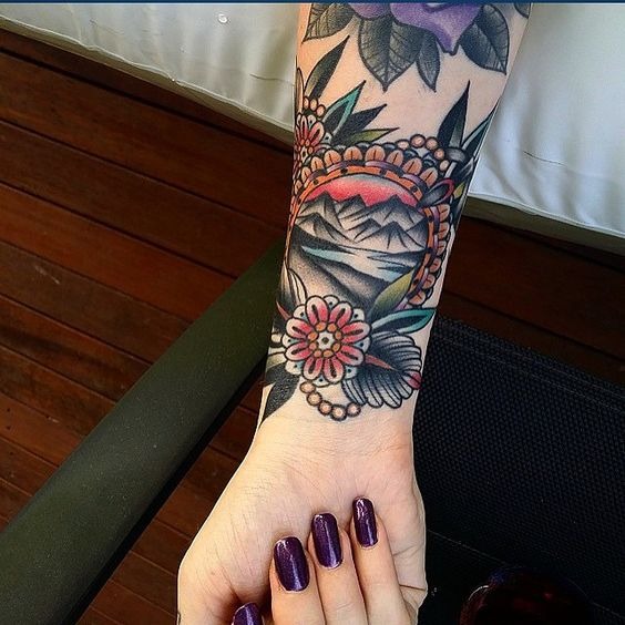 Mountain Landscape in Muted Palette Tattoo Design