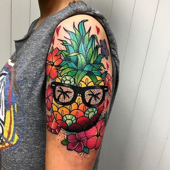 Pineapple with Palm Tree Sunglasses Tattoo Design