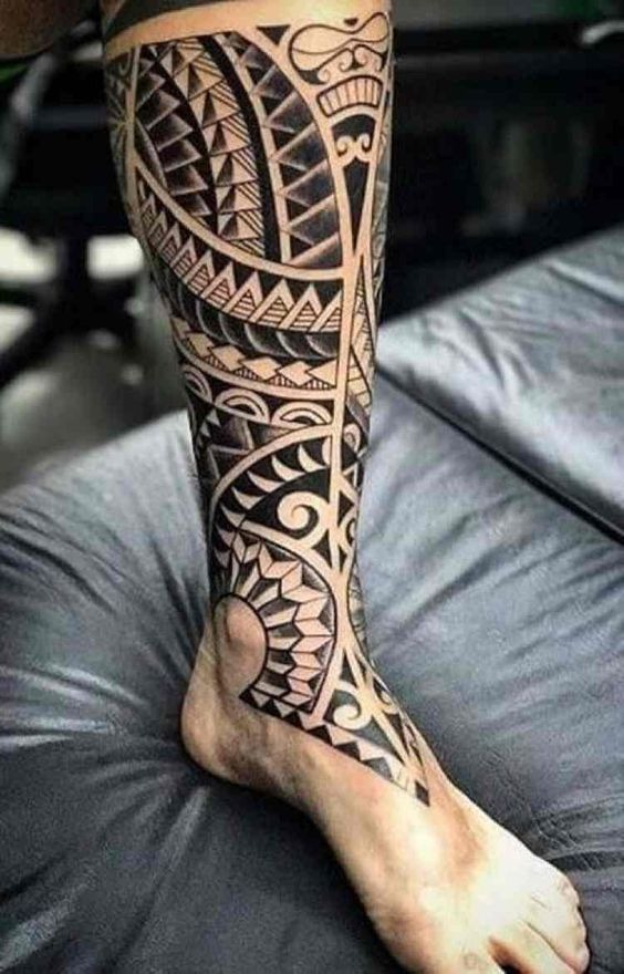 Polynesian Warrior Design on Shin Tattoo Design