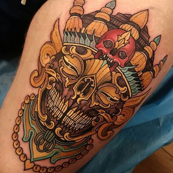 Skelton Tiki Mask with Necklace Tiki Tattoos Tattoo Design