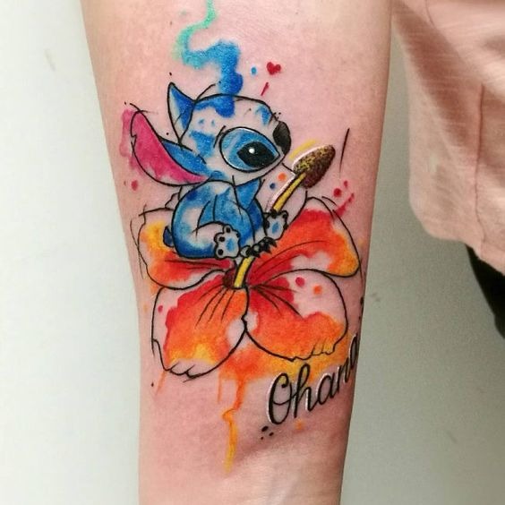 Stitch Sitting on a Hibiscus Flower Tattoo Design