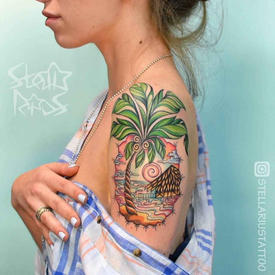 Stylized Palm Tree Over the Water Tattoo Design