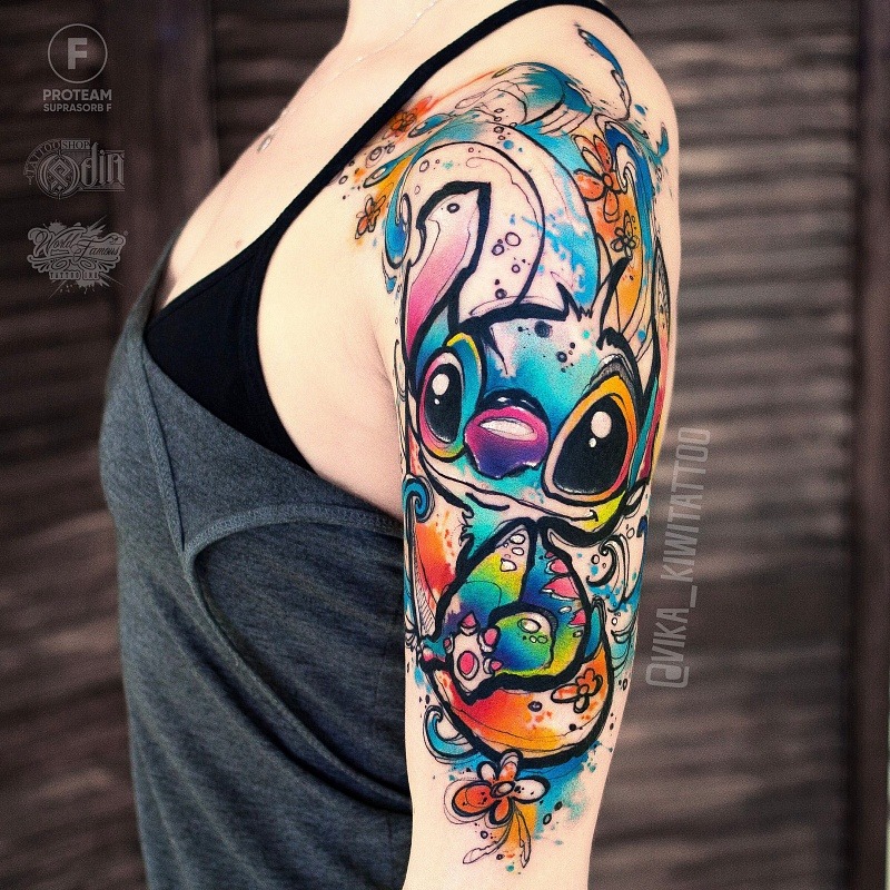 Stylized Stitch in Watercolor Palette Tattoo Design