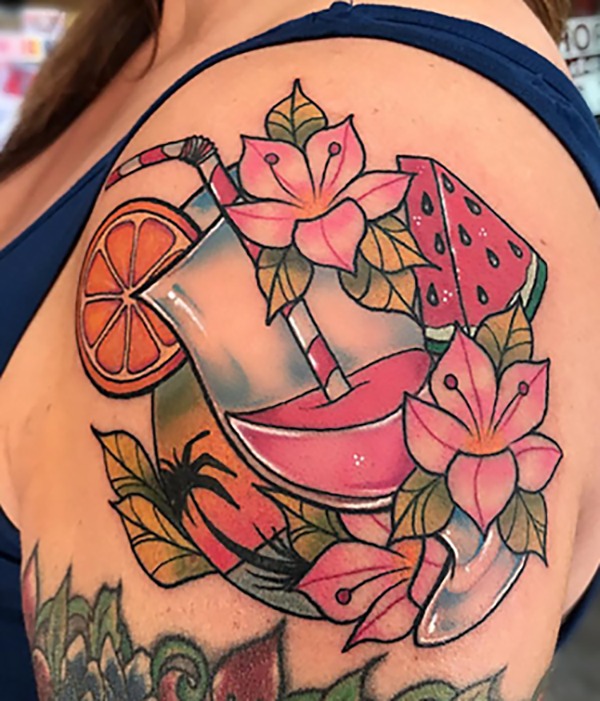 Tropical Fruits and Flowered Cocktail Tattoo Design
