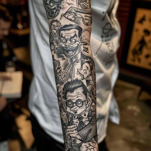Comic-Inspired Forearm Sleeve Tattoo Design