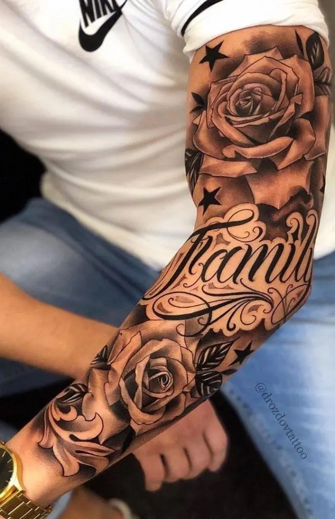 Rose and Script Forearm Sleeve Tattoo Design