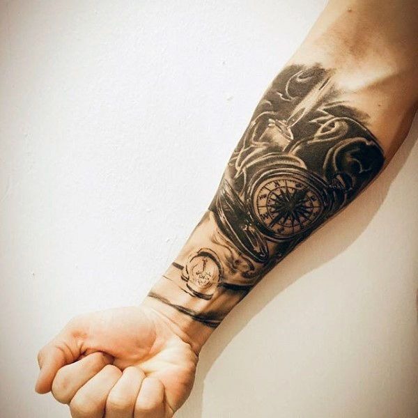 Roses, Money, and Script Forearm Sleeve Tattoo Design