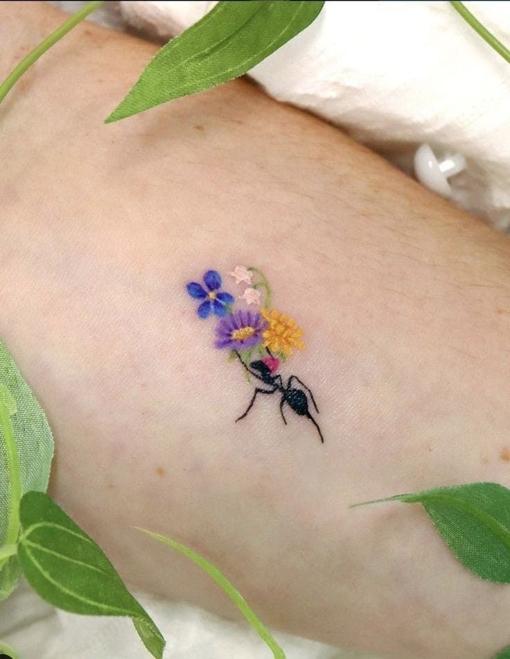 Ant Carrying Flowers Tiny Tattoo Tattoo Design