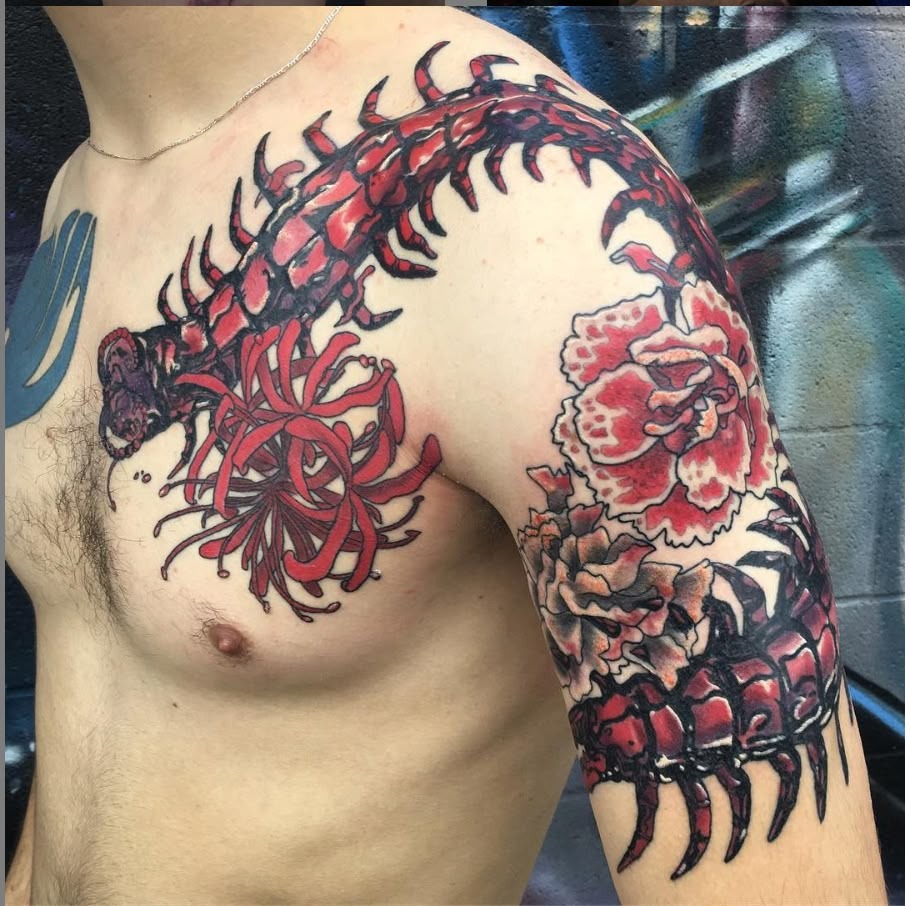 Blood-Red Centipede Shoulder Wrap Tattoo Design