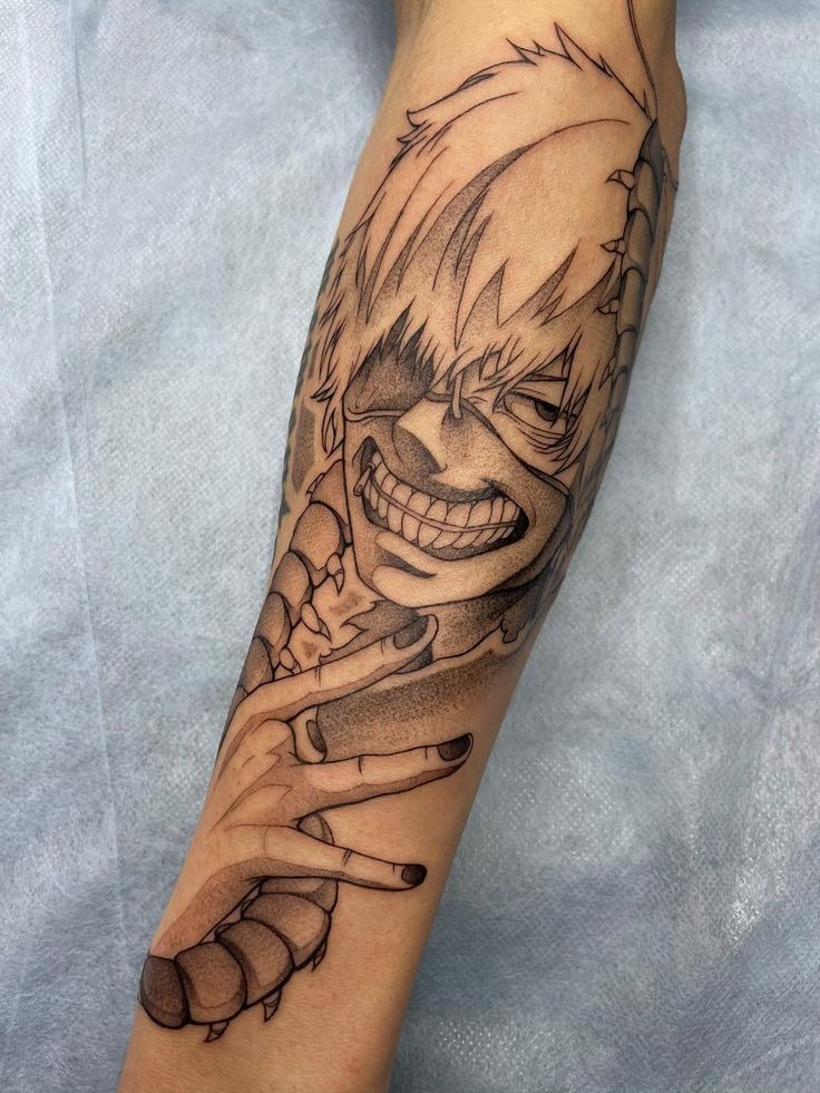 Smiling Kaneki with Centipede Wrap Tattoo Design