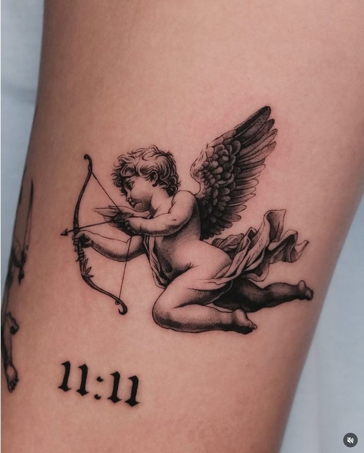 11:11 Cupid Aiming True Tattoo Design