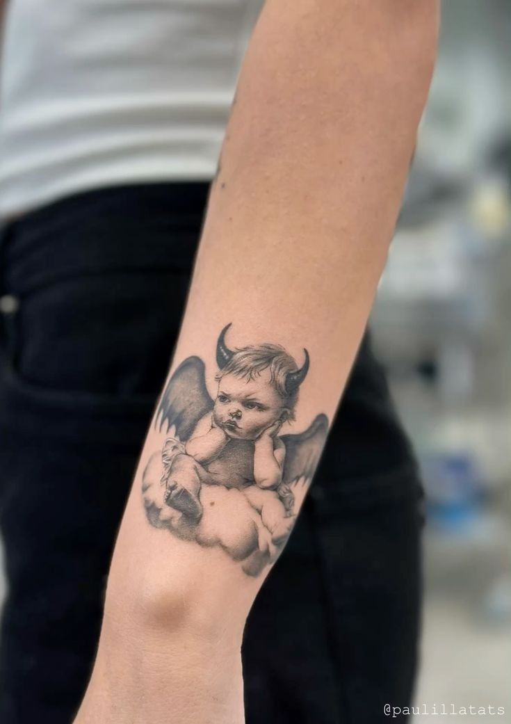 Angel and Devil Baby on a Cloud Tattoo Design