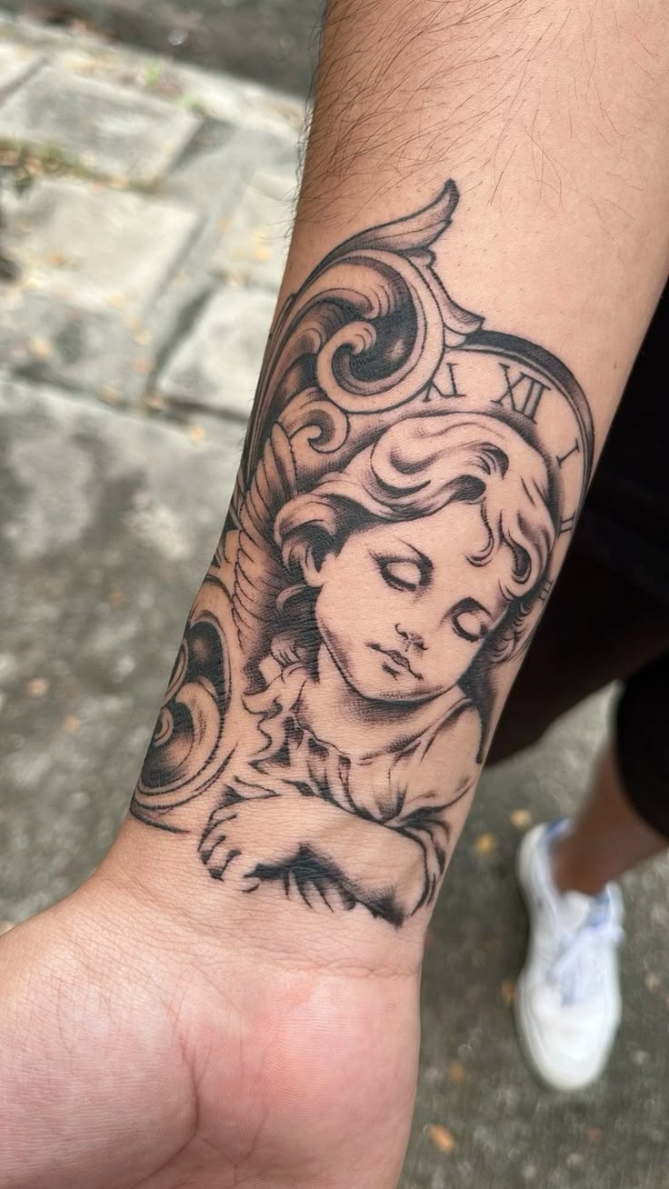Baroque Cherub and Clock Forearm Tattoo Design