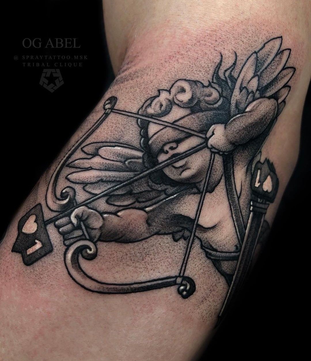 Classic Cupid with Heart and Flower Tattoo Design