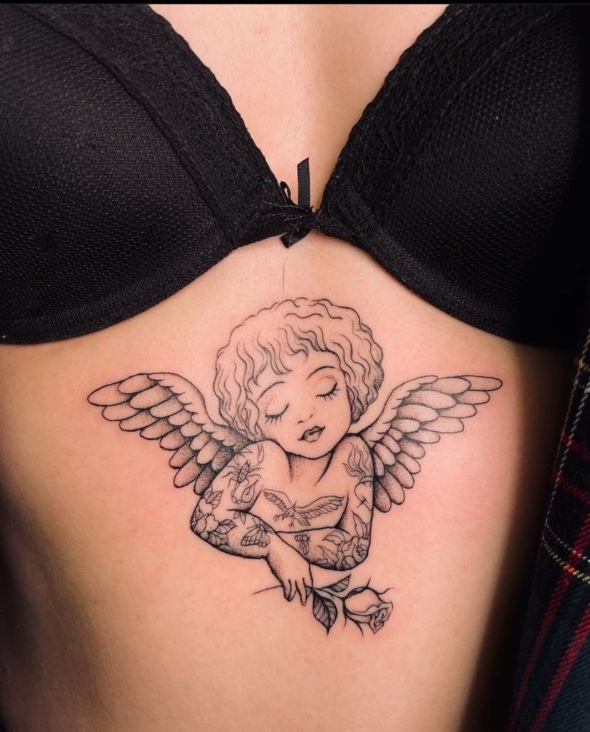 Dainty Cherub Bust with Floral Tattoos Tattoo Design