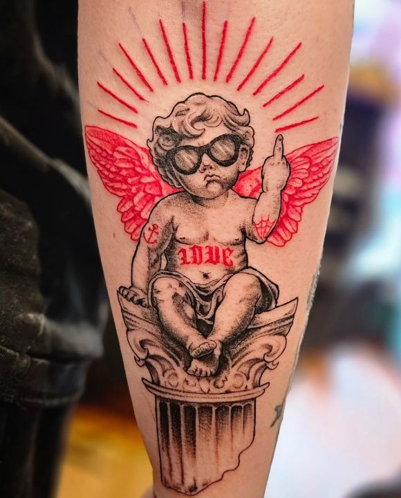 Rebel Cupid with Red Wings and Rays Tattoo Design