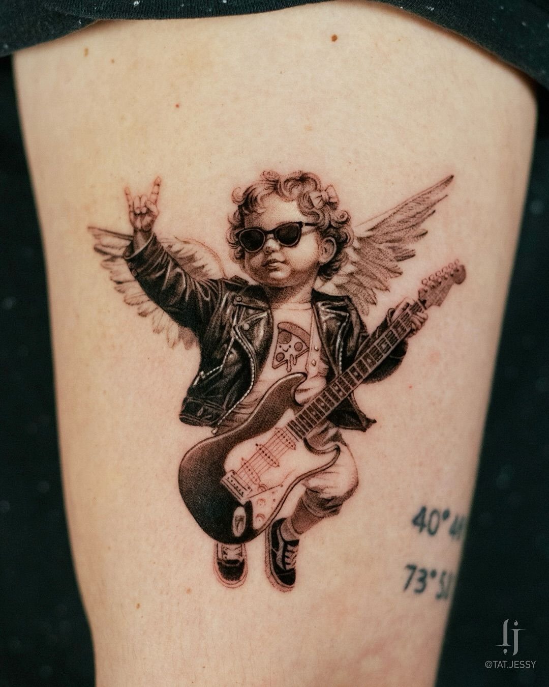 Rock-N-Roll Cherub with Guitar Tattoo Design