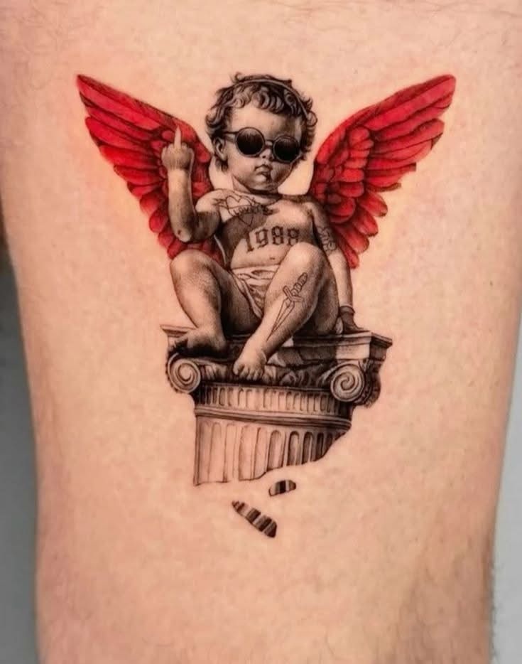 Two Cherubs Scattering Hearts Tattoo Design