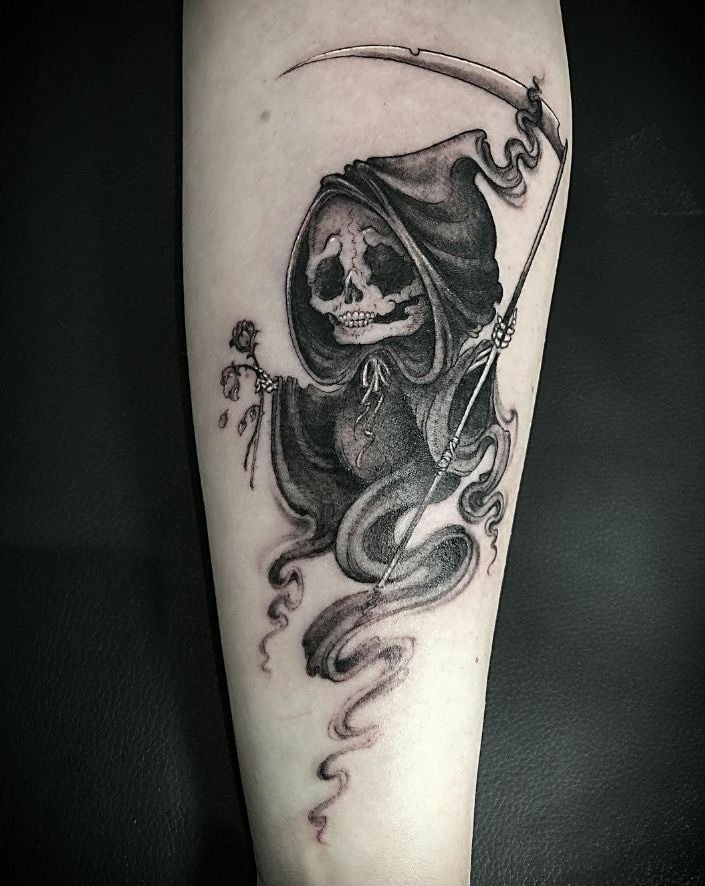 Cartoon-Style Floating Grim Reaper Tattoo Design