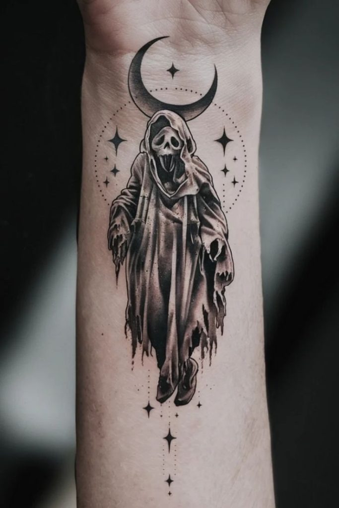 Celestial Reaper with Crescent Moon Tattoo Design