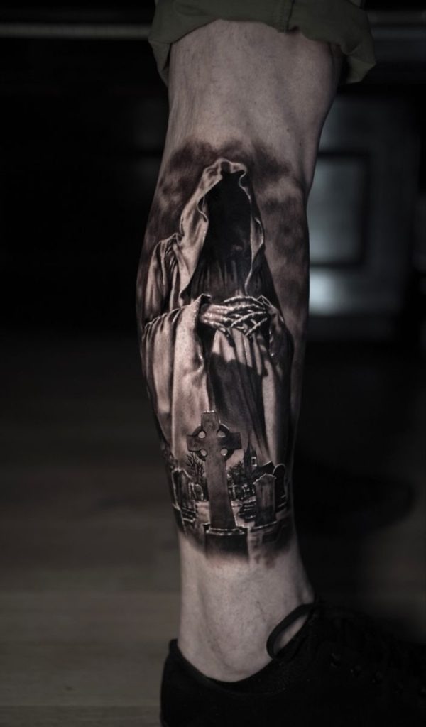 Cemetery Reaper on the Leg Tattoo Design