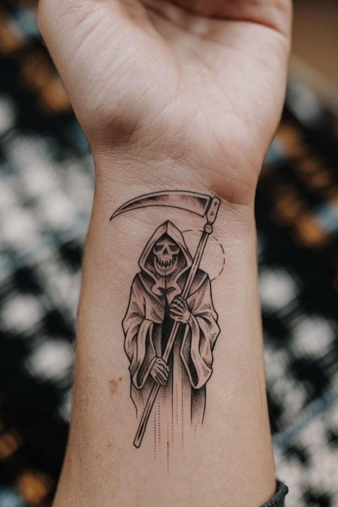 Cute and Minimalist Grim Reaper Wrist Tattoo Tattoo Design