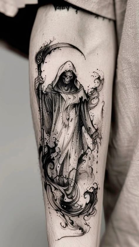 Ethereal Grim Reaper Sketch Tattoo Design