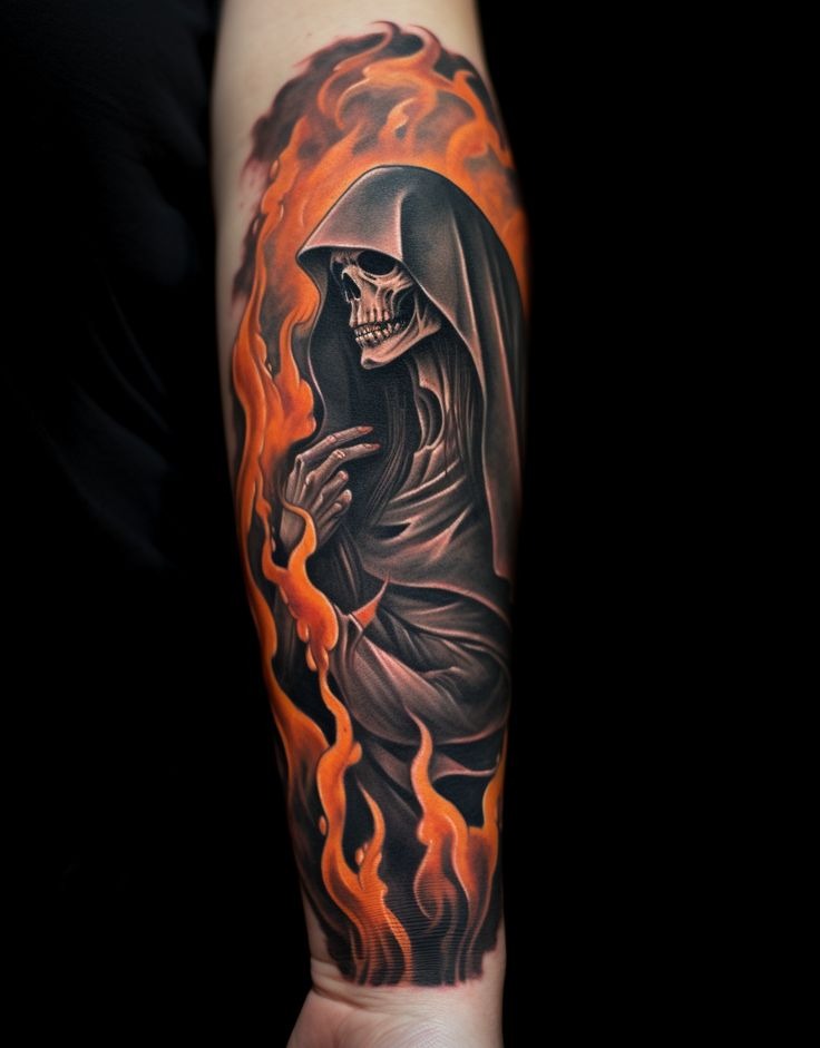 Fiery Reaper in Motion Tattoo Design