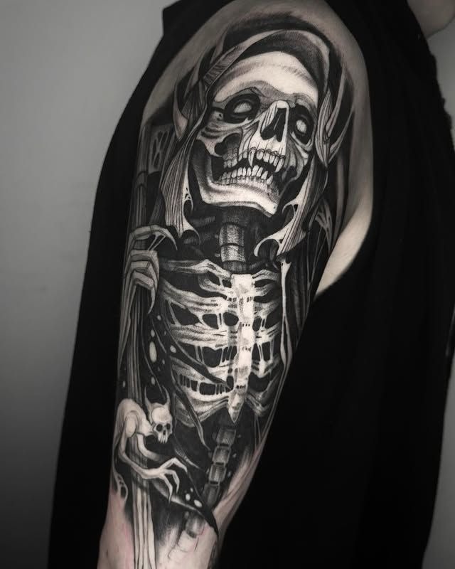 Gothic-Inspired Reaper Sleeve Tattoo Design