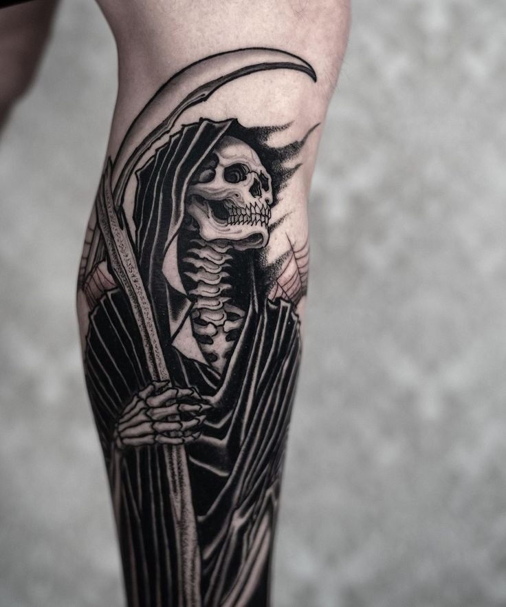 Gothic Skeletal Reaper with Scythe Tattoo Design
