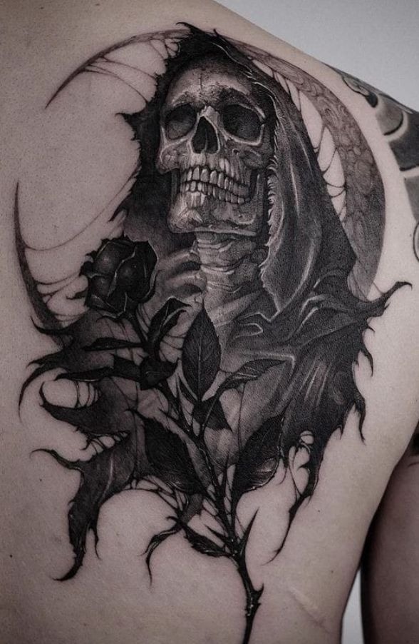Grim Reaper with Rose and Moonlit Backdrop Tattoo Design